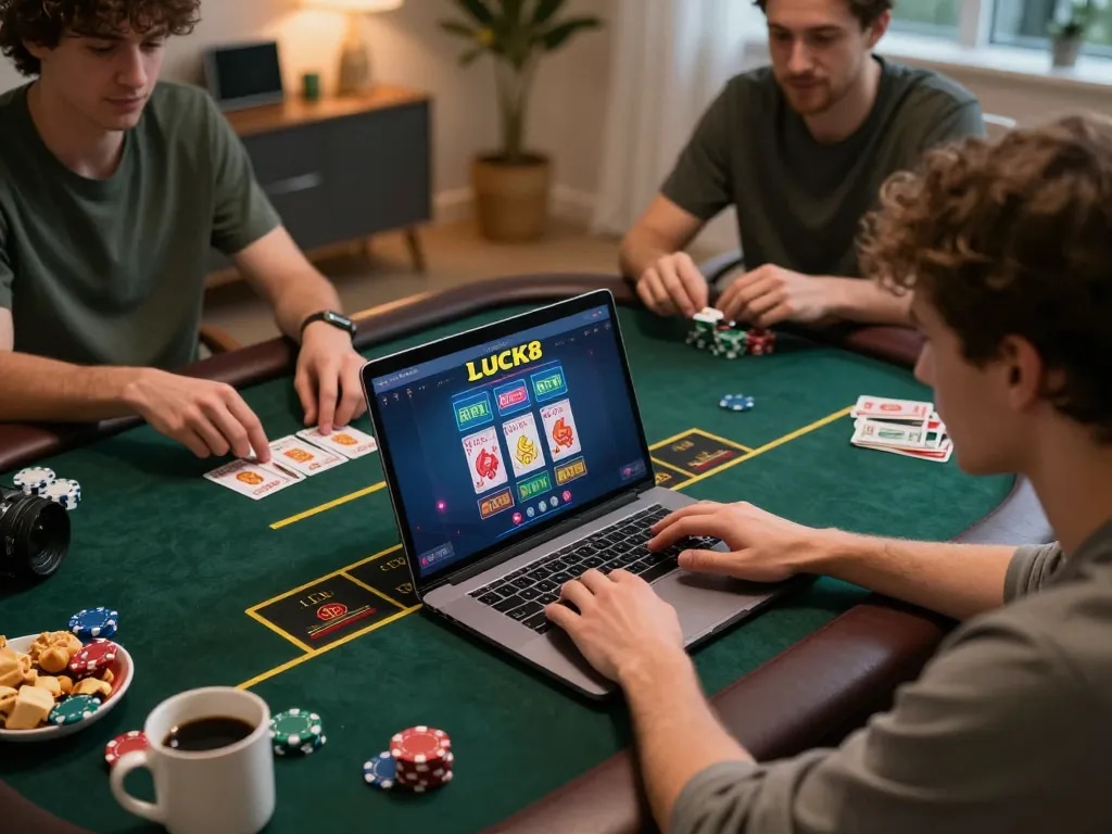 Engaging scene of logging into LUCK8 online casino from home, showcasing player with laptop and gaming interface.
