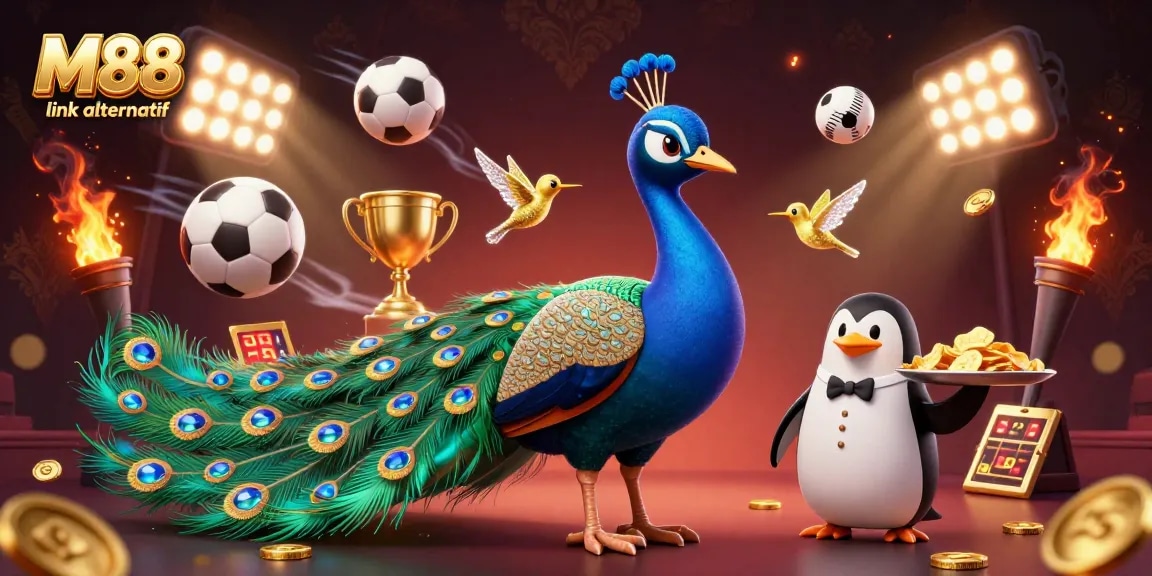 Bet on M88 link alternatif with colorful characters and gambling elements in an energetic casino scene.