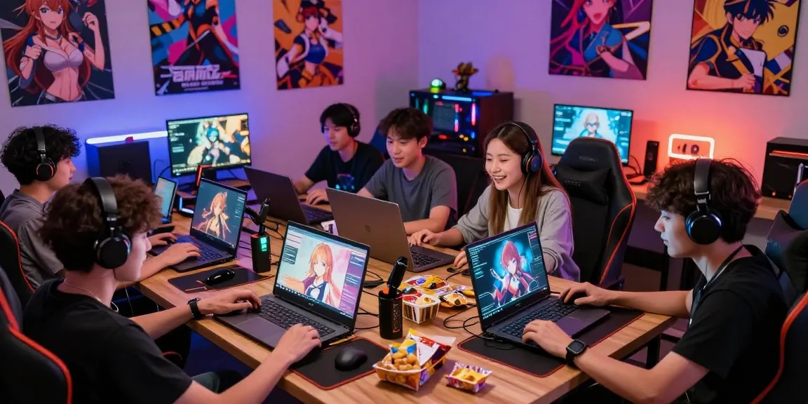 Players enjoying engaging hentai games together in a colorful gaming room filled with tech and snacks.