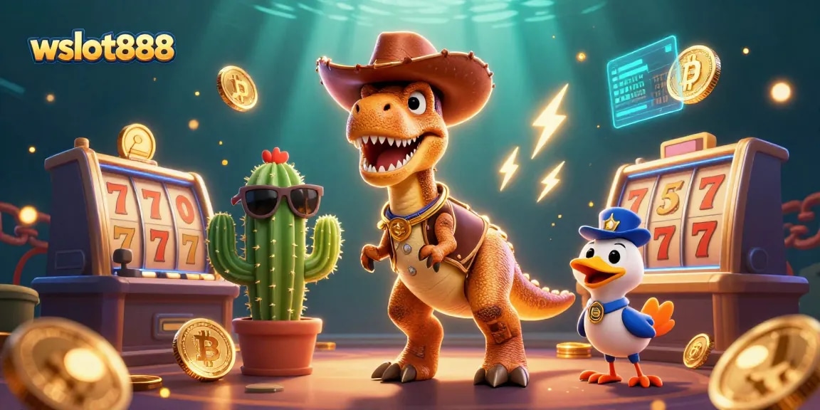 Memenangkan slot di wslot888, dengan dinosaurus cowboy dan elemen kasino menarik lainnya.