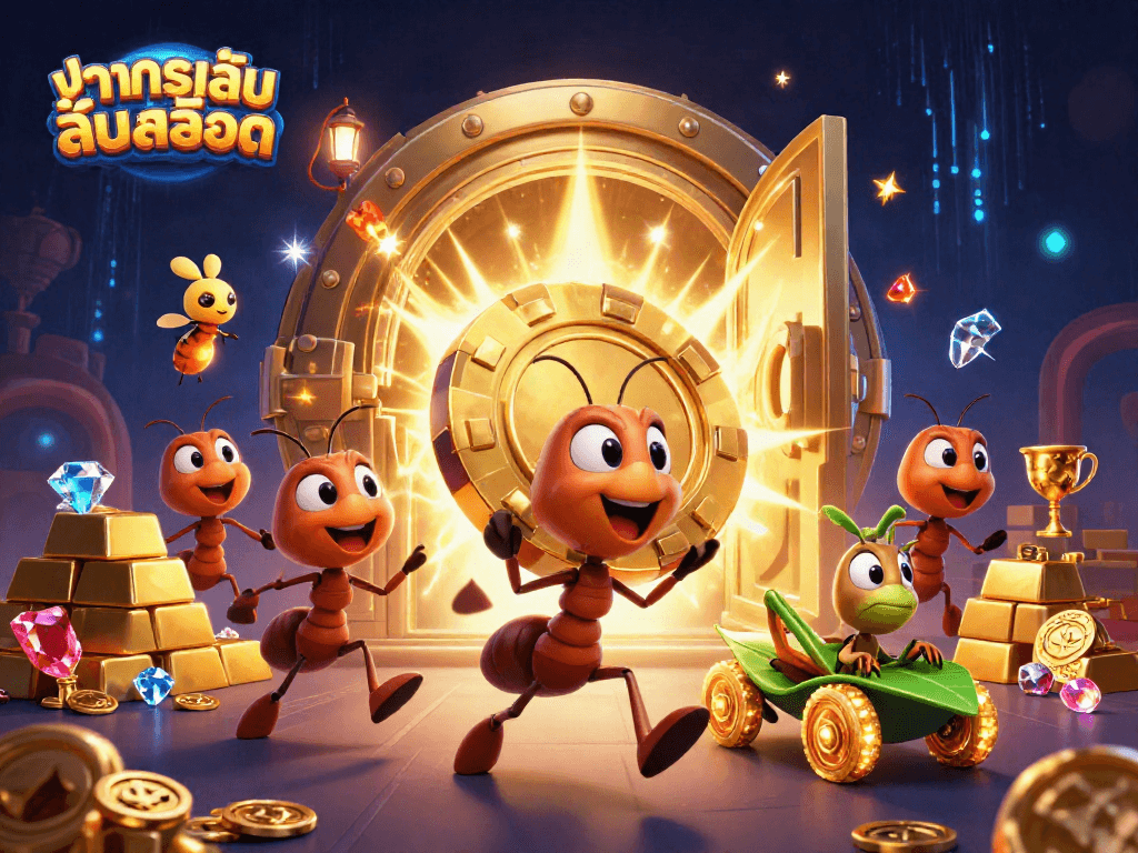 Attempt to ทดลองเล่นสล็อต as a 3D heist scene with ants carrying a giant golden poker chip.