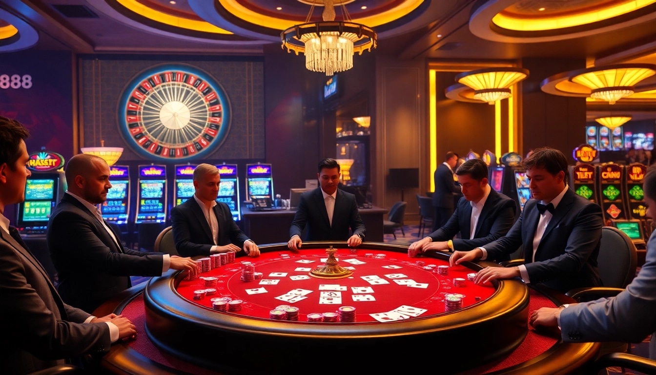 hay88 gamblers enjoying a high-stakes poker game at an elegant casino table