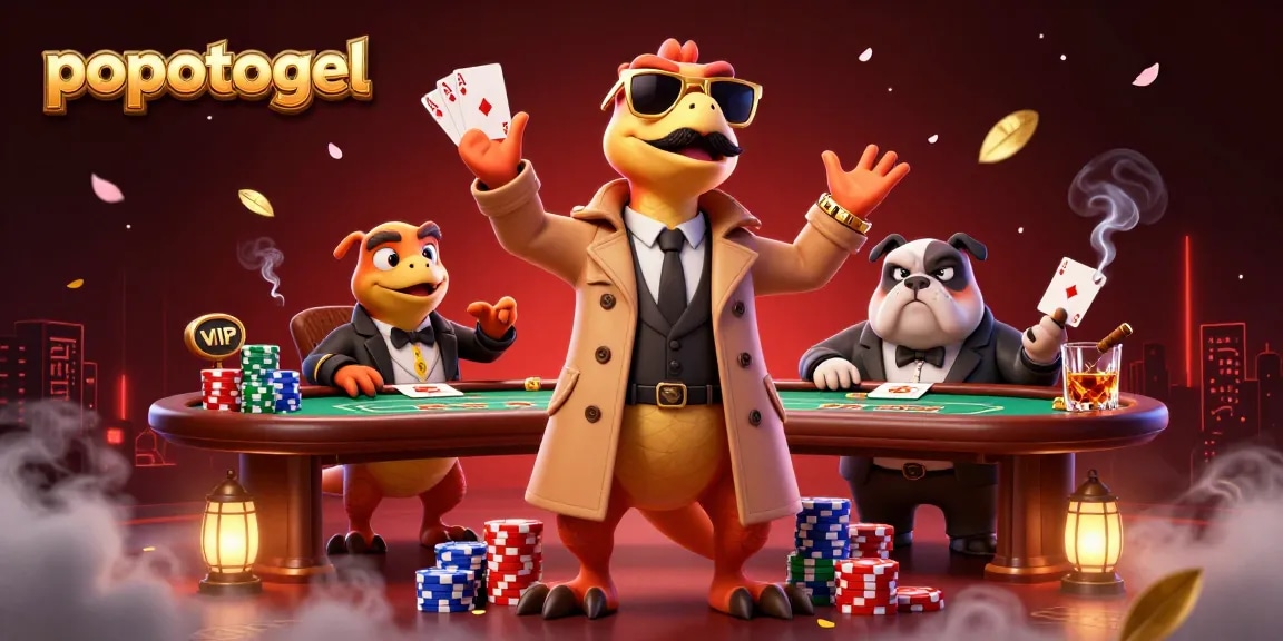 Experience popotogel excitement with three cartoon raptors in disguise entering a casino scene.