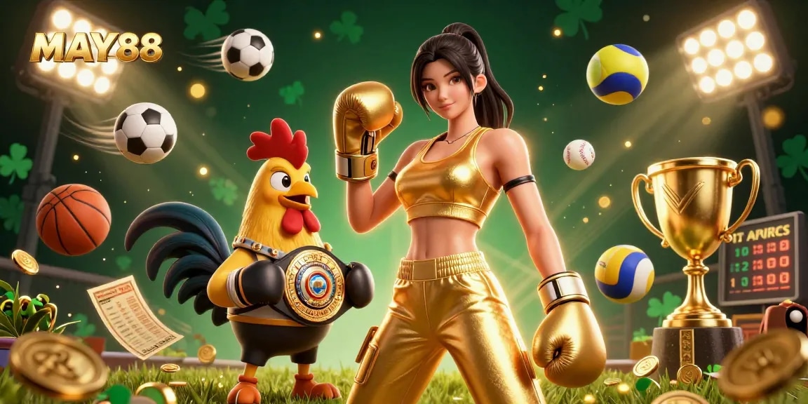 MAY88 enhances gameplay with vibrant 3D illustration of sports betting featuring dynamic characters and exciting casino elements.