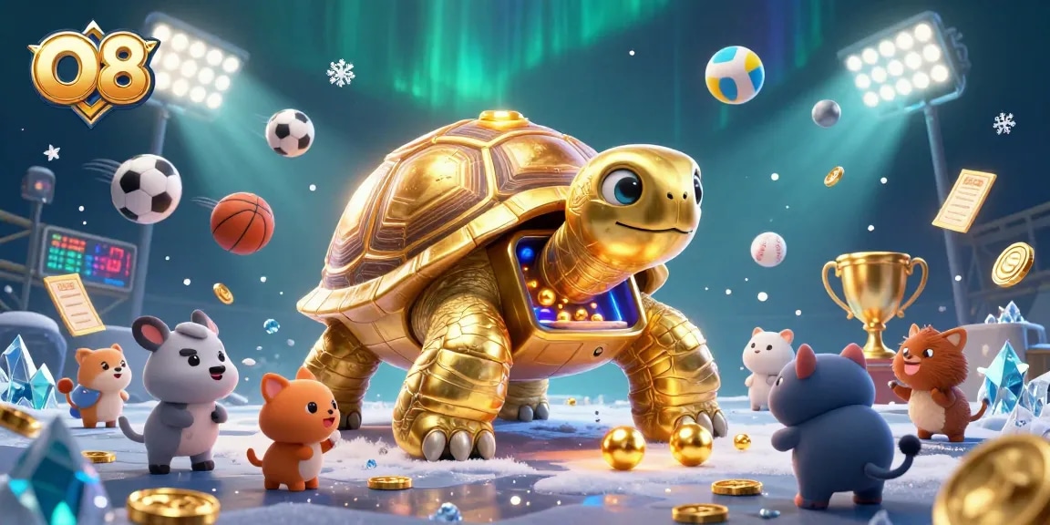 Experience thrilling gameplay at O8 with a vibrant 3D illustration showcasing a golden tortoise pinball machine and exciting casino elements.