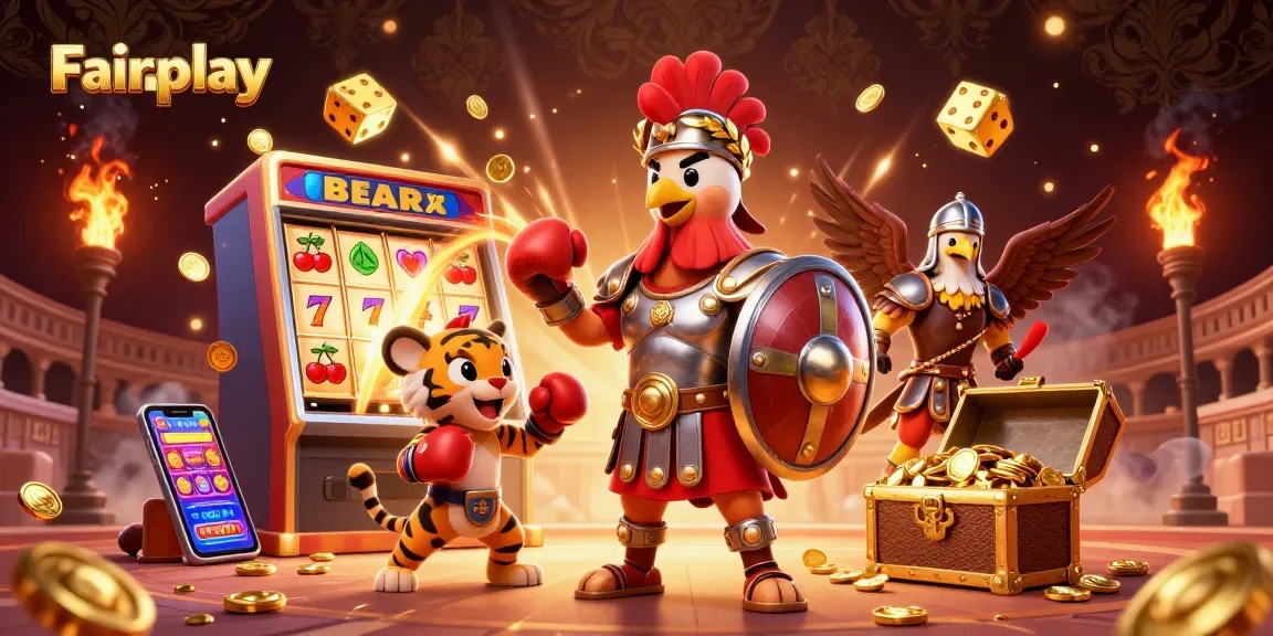 Experience Fairplay excitement with a thrilling casino scene featuring a gladiator rooster and gaming elements.