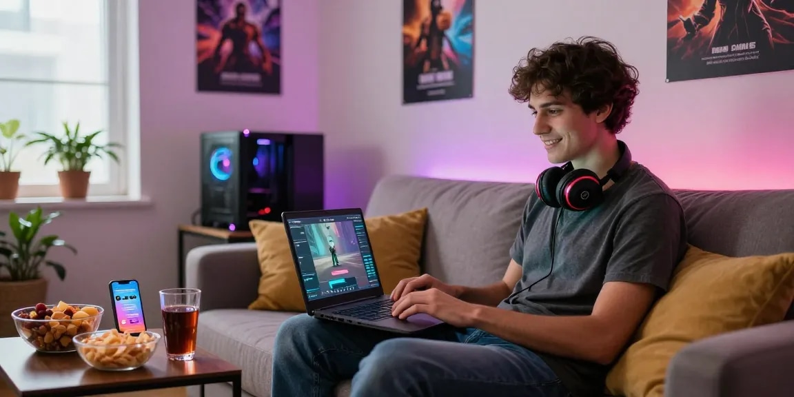 Engaging Raja Game login scene with a young adult immersed in gaming, cozy atmosphere and colorful lighting.