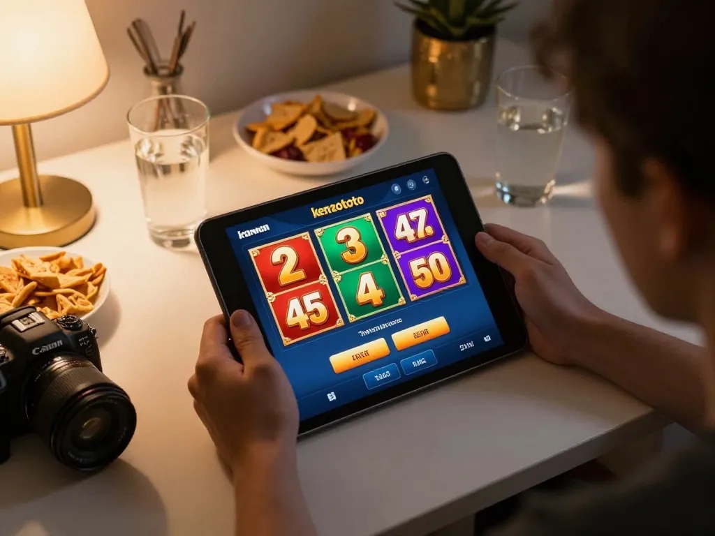 Menggunakan kenzototo login untuk perjudian online, menampilkan hasil lotere dinamis di tablet.