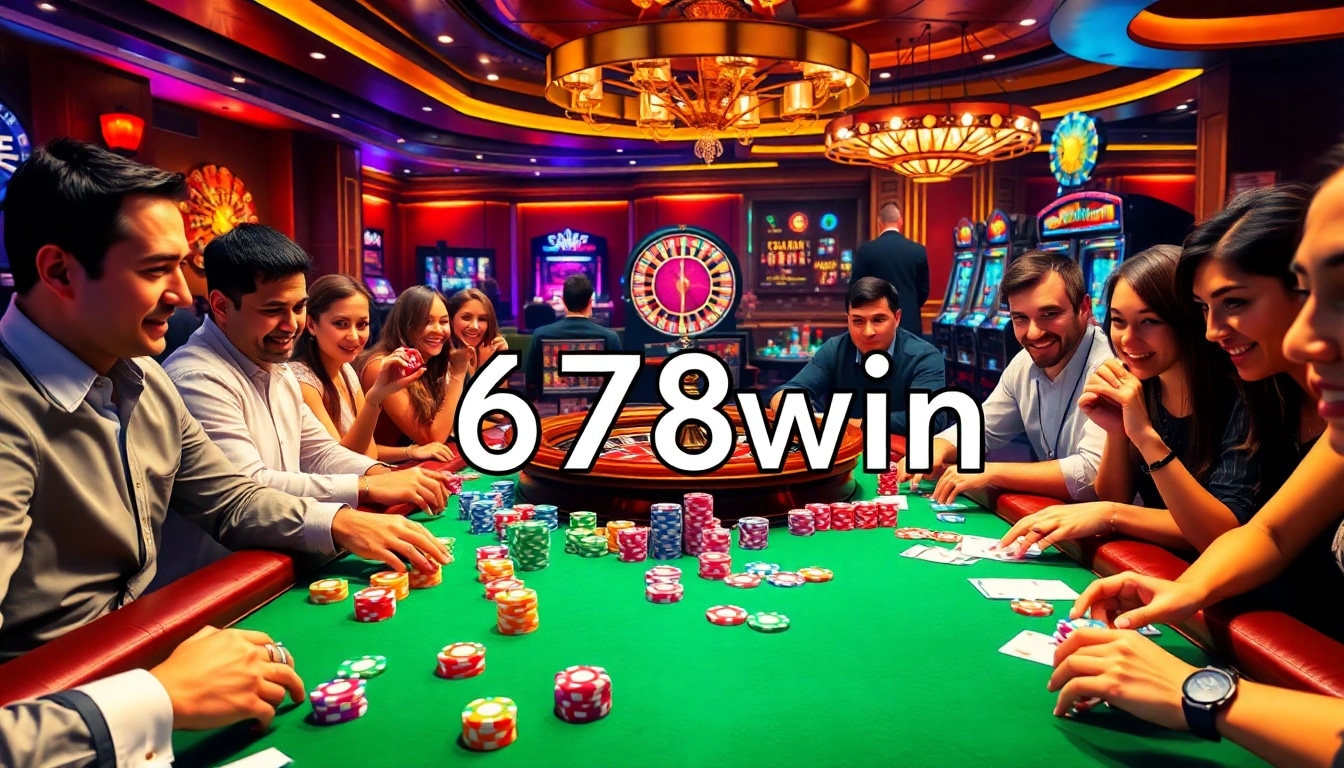 Players enjoying a thrilling gambling experience at 678win casino with poker chips and cards.