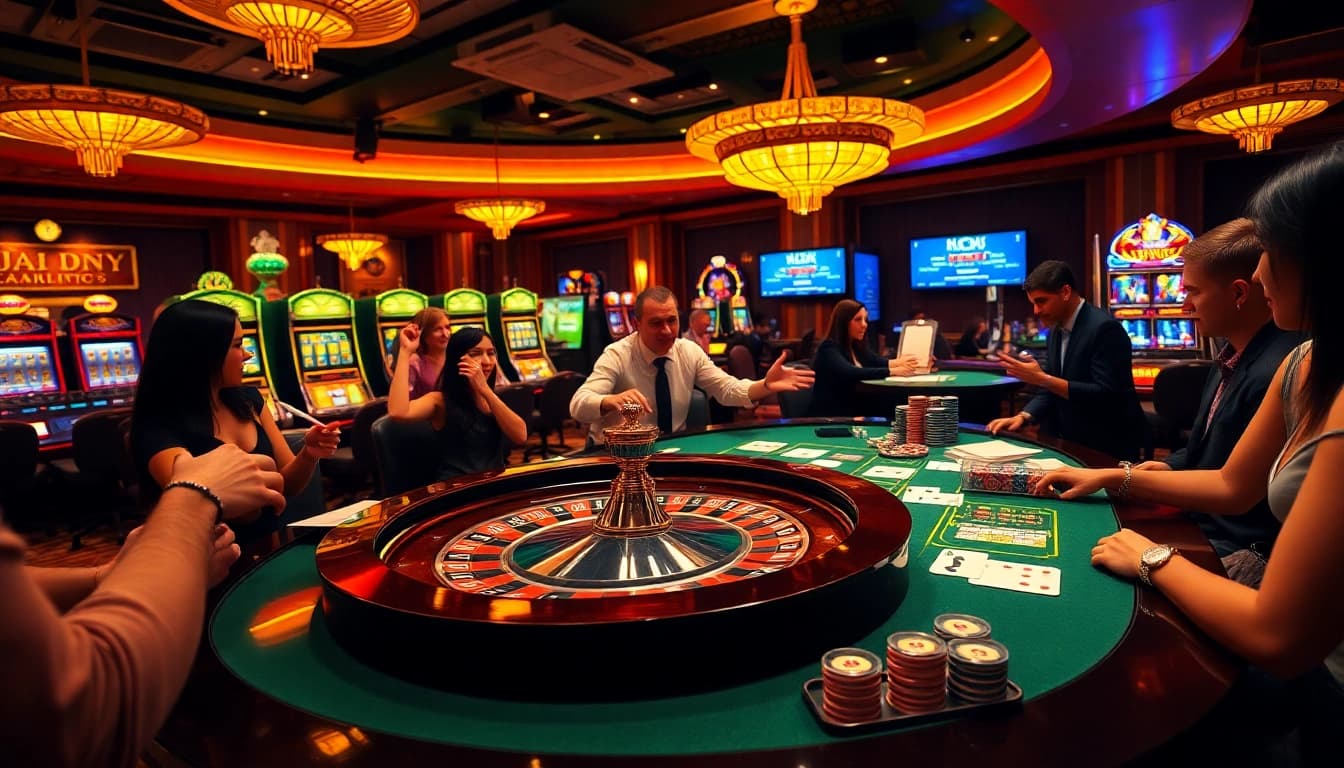 Experience the excitement of lô kép hôm nay at a lively casino with players engaged at a roulette table.
