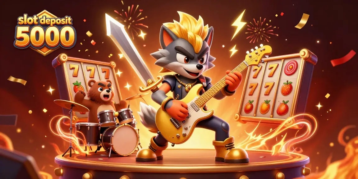 Experience thrilling gameplay at slot deposit 5000 showcasing a rock star wolf and drummer bear in a vibrant casino atmosphere.