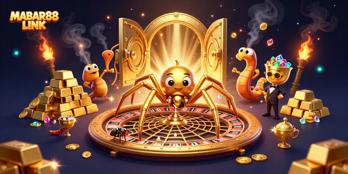 MABAR88 LINK features a golden spider, roulette wheel, and vibrant casino elements in a dynamic casino-themed scene.