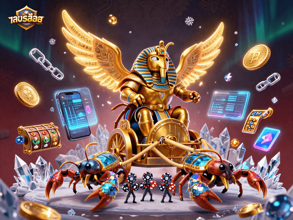 Try ทดลองเล่นสล็อต with immersive visual elements featuring golden beetles and cosmic coins.