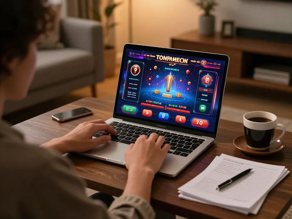 Engaged player at home using ok365 com to enjoy online casino games with a cozy ambiance