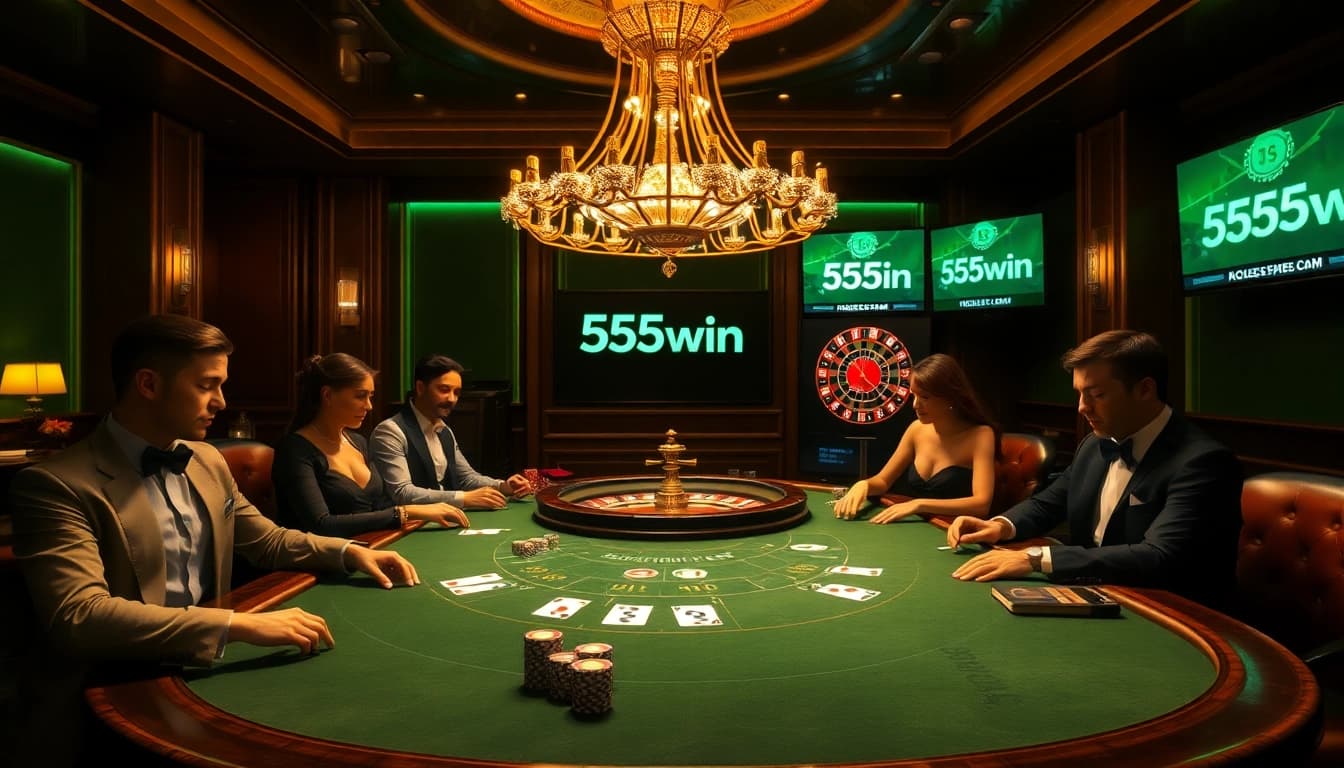 Experience high-stakes excitement at 555win with luxurious casino elements like poker chips and cards.