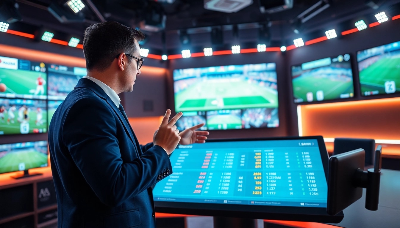 Dynamic scene of sports broadcasting featuring a host with touchscreen stats and vibrant screens.