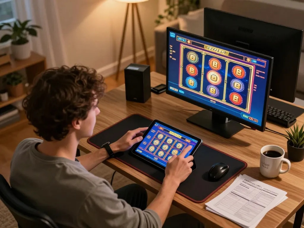 Engaging in online gambling at home while playing casinos not on gamstop with vibrant games on display.