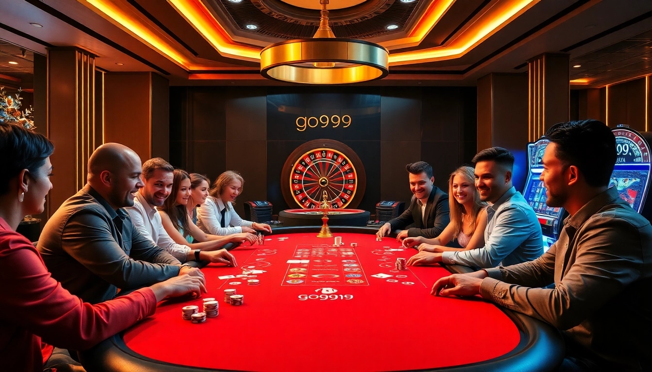 Players engaging intensely at a poker table in a vibrant casino scene inspired by go999.