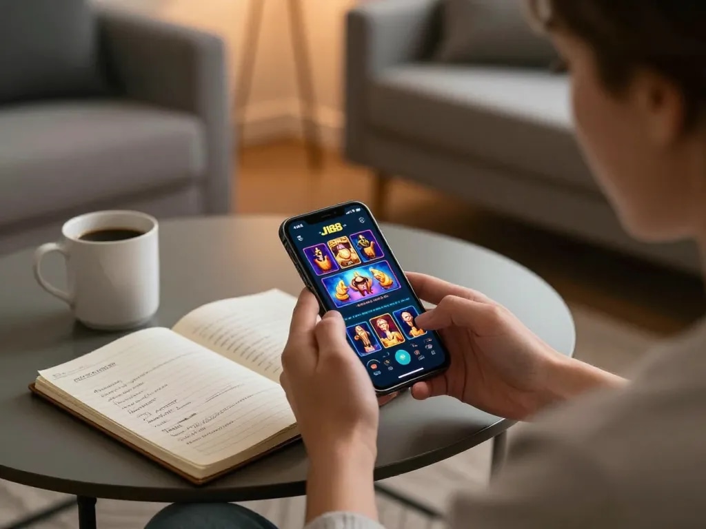 Engaging in J188 mobile casino gameplay on a smartphone in a cozy living room setting