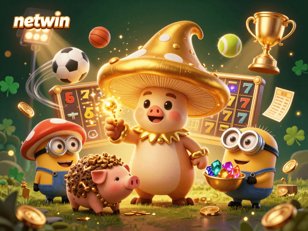 Experience the magic of netwin with a golden wizard and treasure-hunting pig in a lively casino scene.