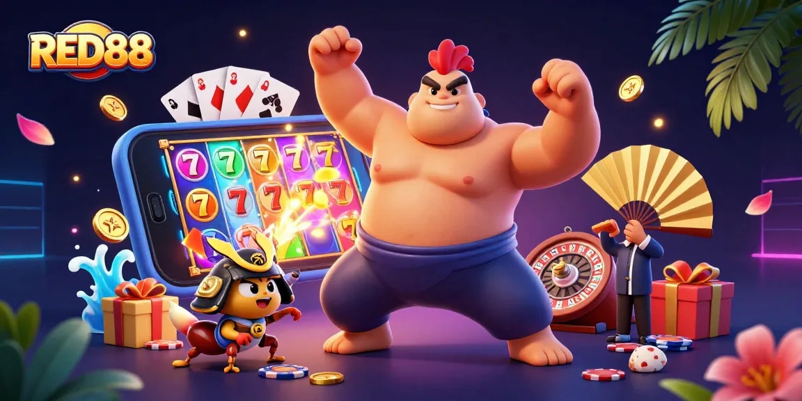 Experience thrilling moments at RED88 with an energetic casino scene featuring unique characters and vibrant gaming elements.