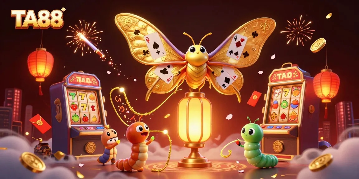 TA88 showcases a vibrant casino scene with a golden moth, slot machines, and festive decorations.