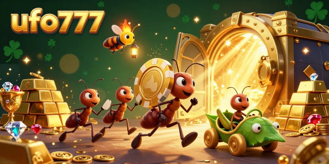 The playful 3D scene showcases ufo777 as ants execute a heist with poker chips, light from a treasure vault illuminating their mission.