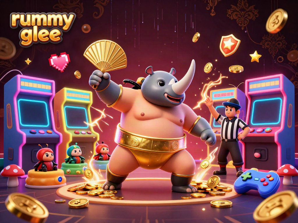 Pemain junjung rummy glee mengumpulkan koin emas dalam suasana kasino yang meriah.