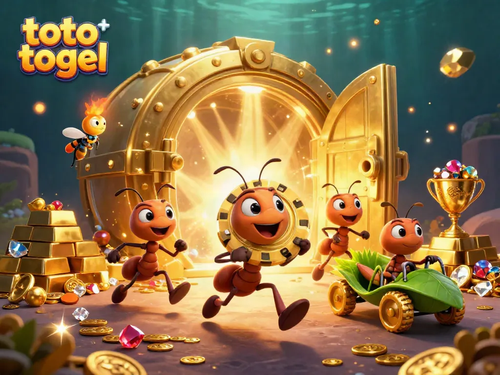 Engaging scene of ants in a heist with golden poker chips, showcasing the excitement of toto togel gaming.