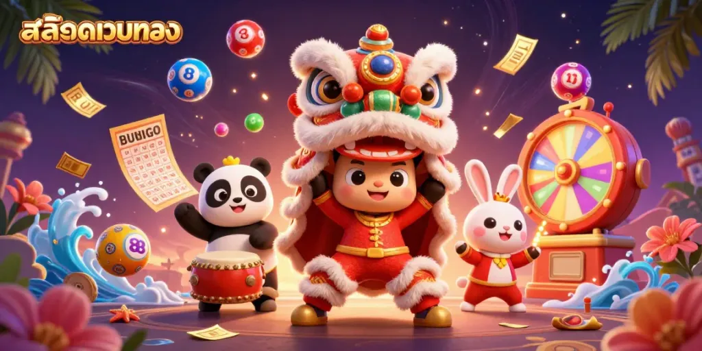 Play thrilling สล็อตเว็บตรง games with vibrant 3D characters in a festive casino scene.