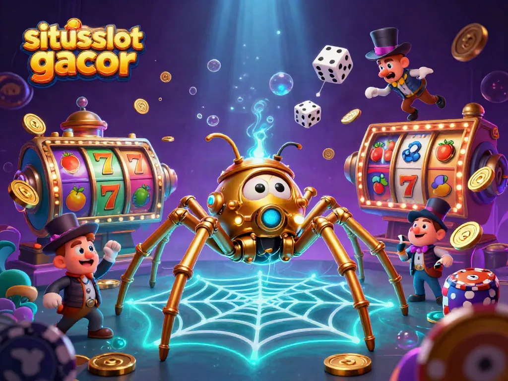 Membuka peluang pada situs slot gacor dengan ilustrasi 3D bertema kasino yang berwarna-warni menampilkan simbol slot dan jackpot yang memukau.