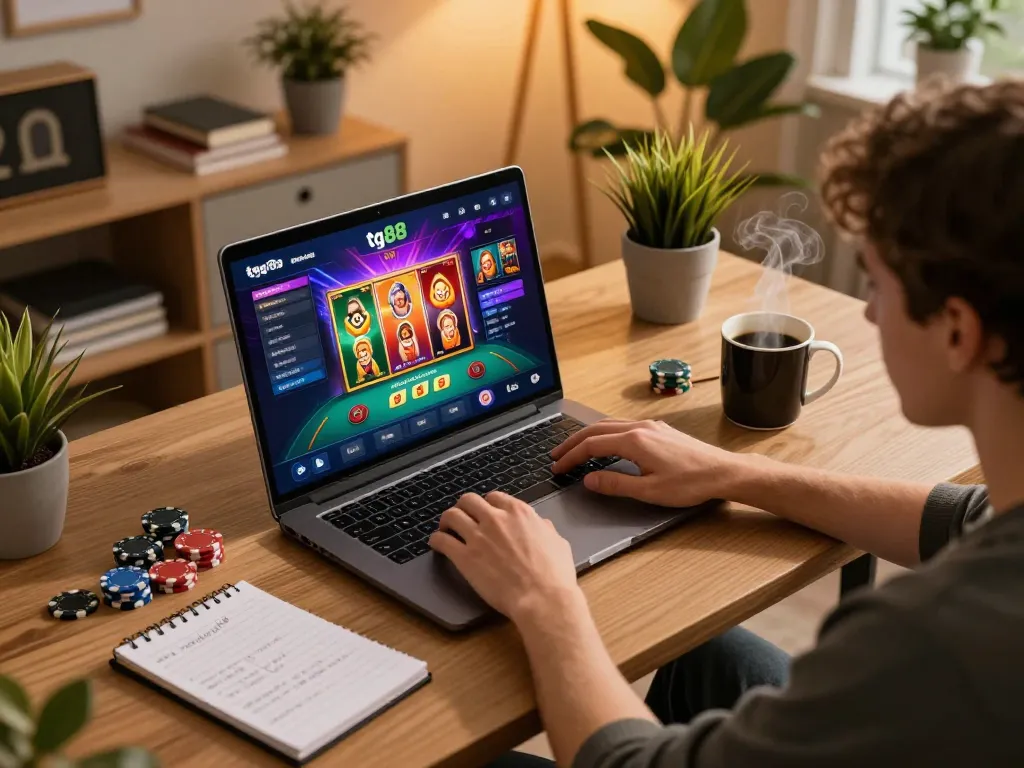 Engaged user utilizing tg88 đăng nhập for an online casino experience in a cozy home setting, showcasing gaming setup.