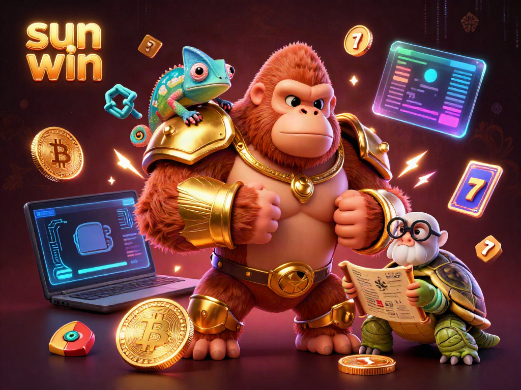 Experience thrilling gameplay with sun win in this vibrant 3D scene of a gorilla king and friends.