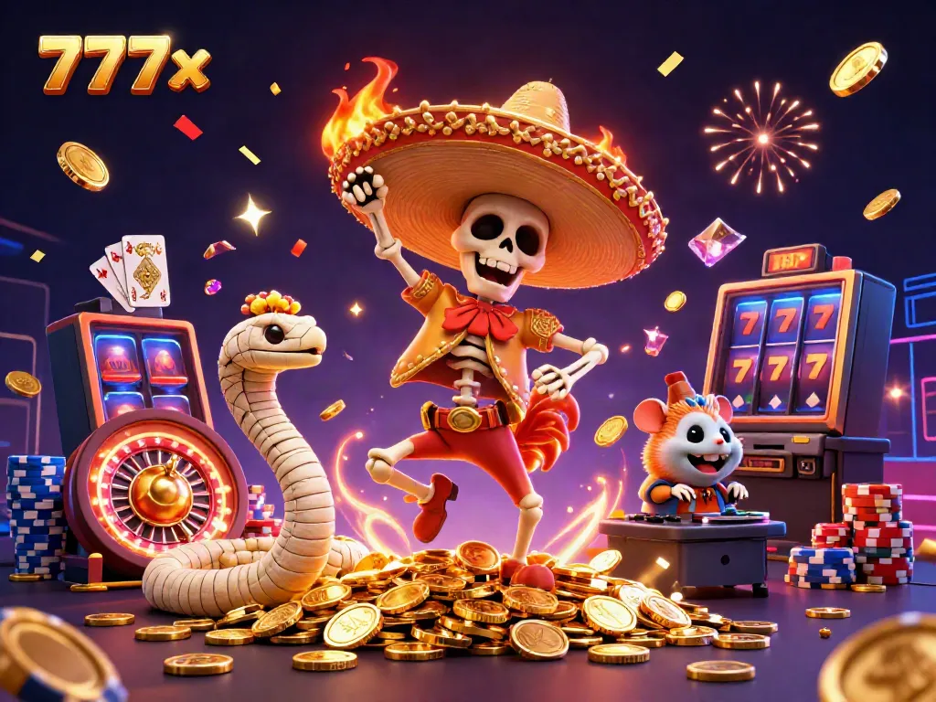 Experience the vibrant energy of 777x with characters dancing amidst a flurry of casino elements.