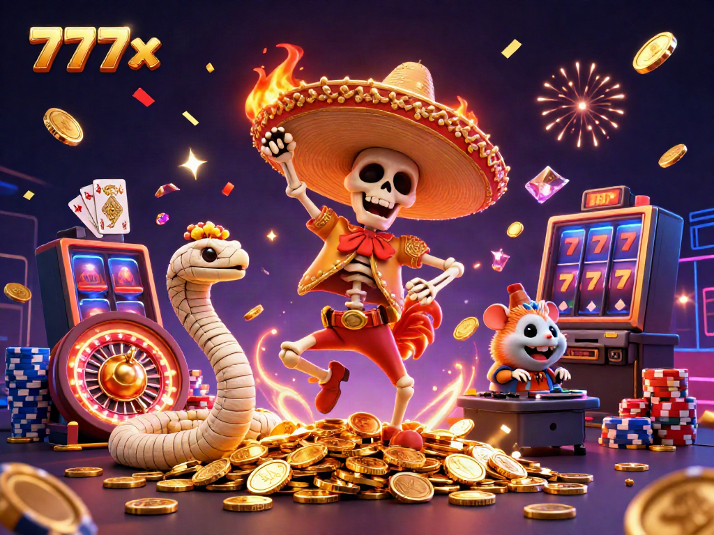 Experience the vibrant energy of 777x with characters dancing amidst a flurry of casino elements.