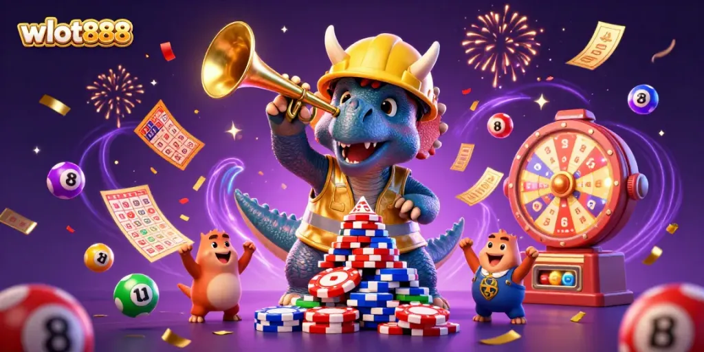 Merayakan kemenangan di wslot888 dengan triceratops membangun tumpukan chip poker di tengah pesta kasino.