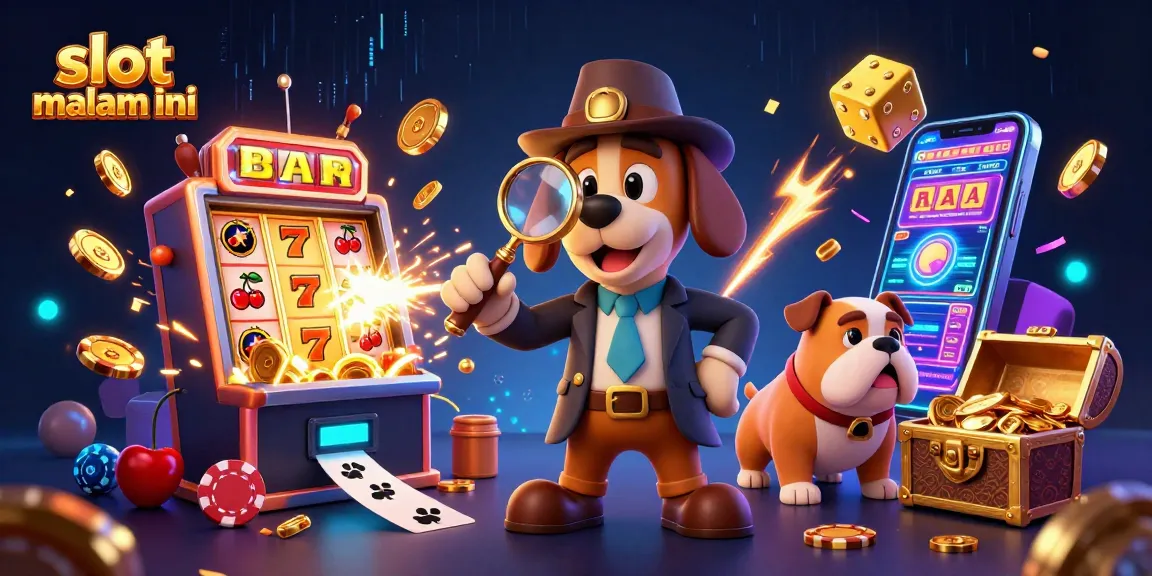 Win big at slot malam ini with a detective inspecting a jackpot clue in vibrant casino chaos