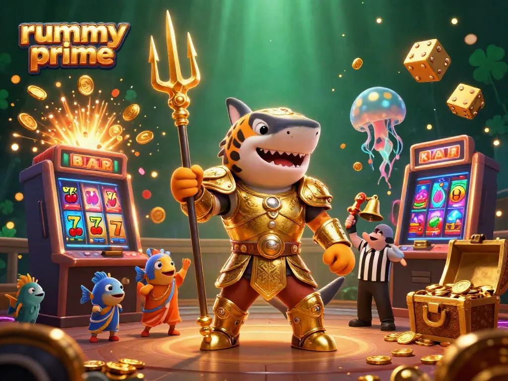 Engage with rummy prime in a vibrant underwater casino scene featuring character sharks and slot machines.