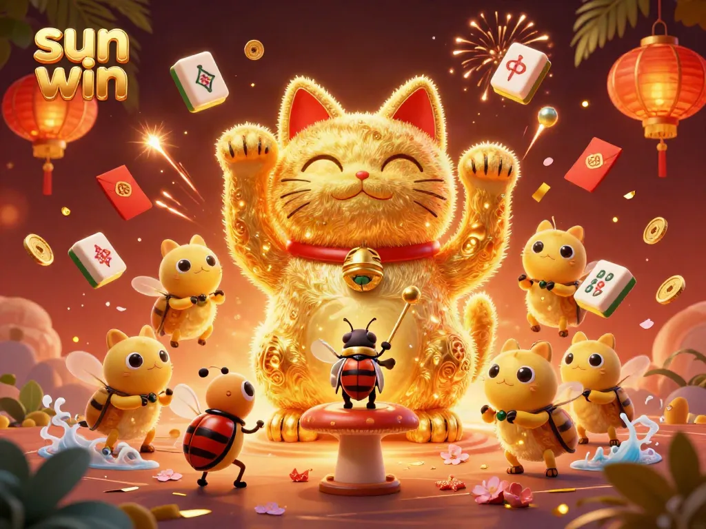 Experience joy with sun win as golden fireflies create a lucky cat in a vibrant casino scene.