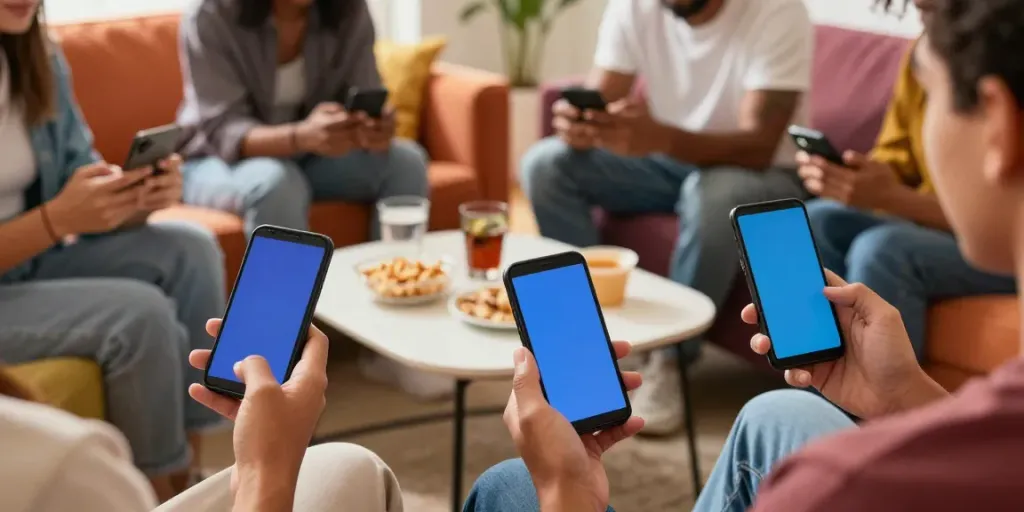 Engaged player enjoying Rumble Rummy app on smartphone amidst friends in a cozy living room.