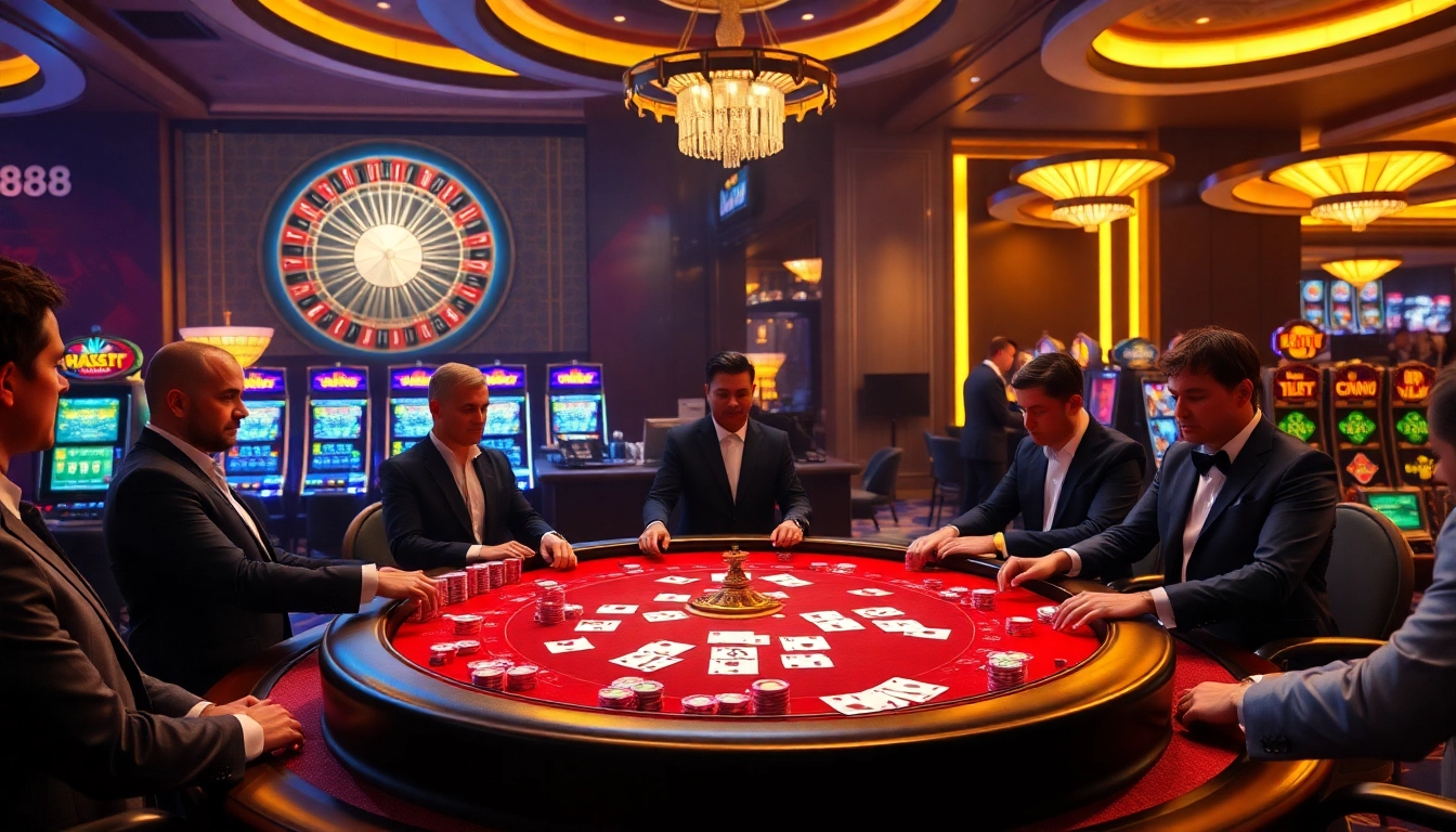 hay88 gamblers enjoying a high-stakes poker game at an elegant casino table