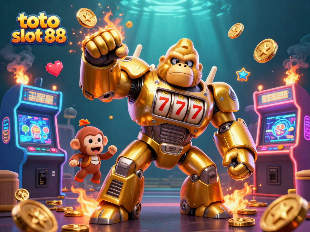 Experience the excitement of toto slot 88 with a golden gorilla mech slot machine bursting with coins!