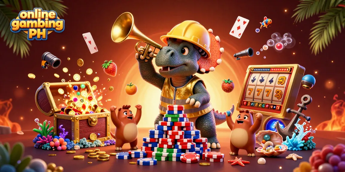 Engaging dynamic scene representing online gambling PH with a triceratops building poker chip pyramid.