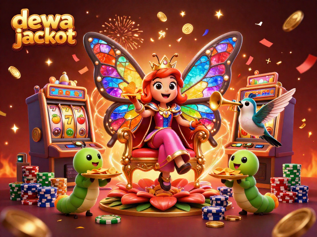 Visualisasi dewa jackpot yang menampilkan ratu kupu-kupu dan mesin slot bersinar, menyenangkan pemain.