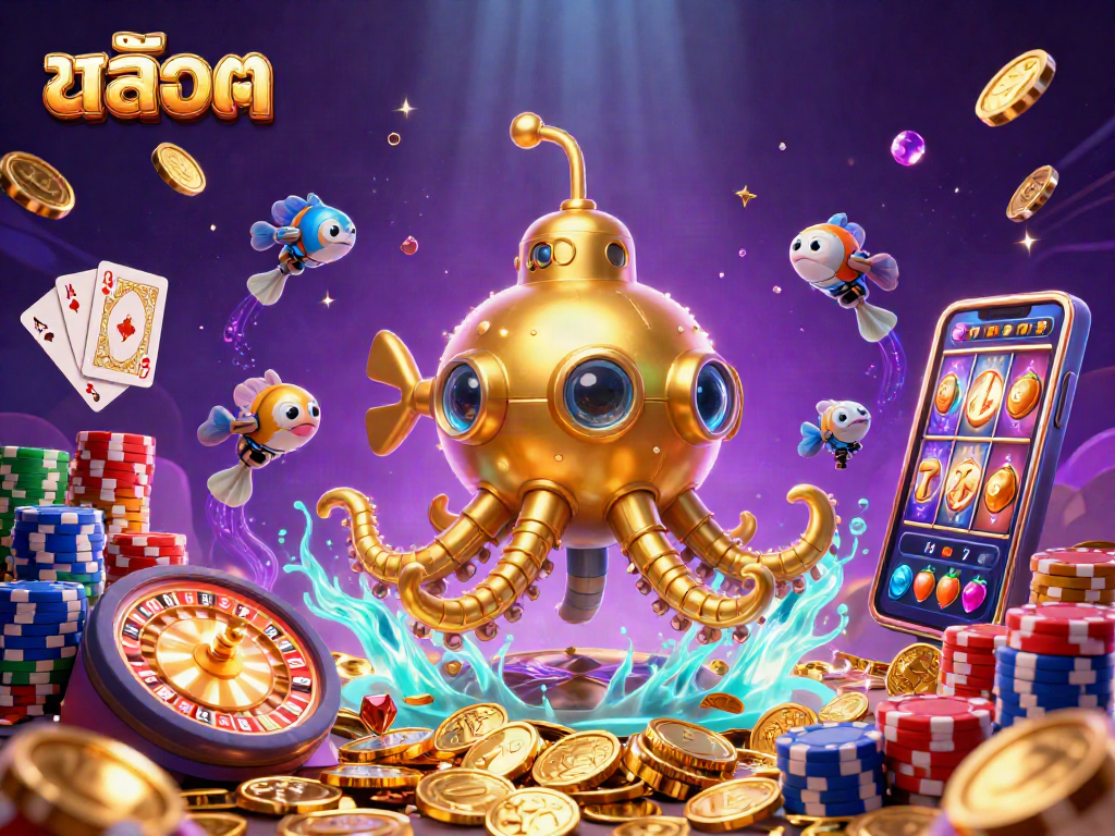 Engaging and dynamic scene of สล็อต with a golden kraken submarine and casino elements.