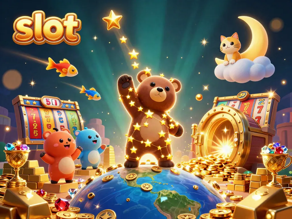 Experience the excitement of slot games with shimmering treasures and enchanting characters in this vibrant illustration.