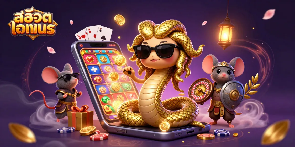 Engage in สล็อตทดลอง with cute Medusa and a warrior mouse amidst vibrant casino elements.