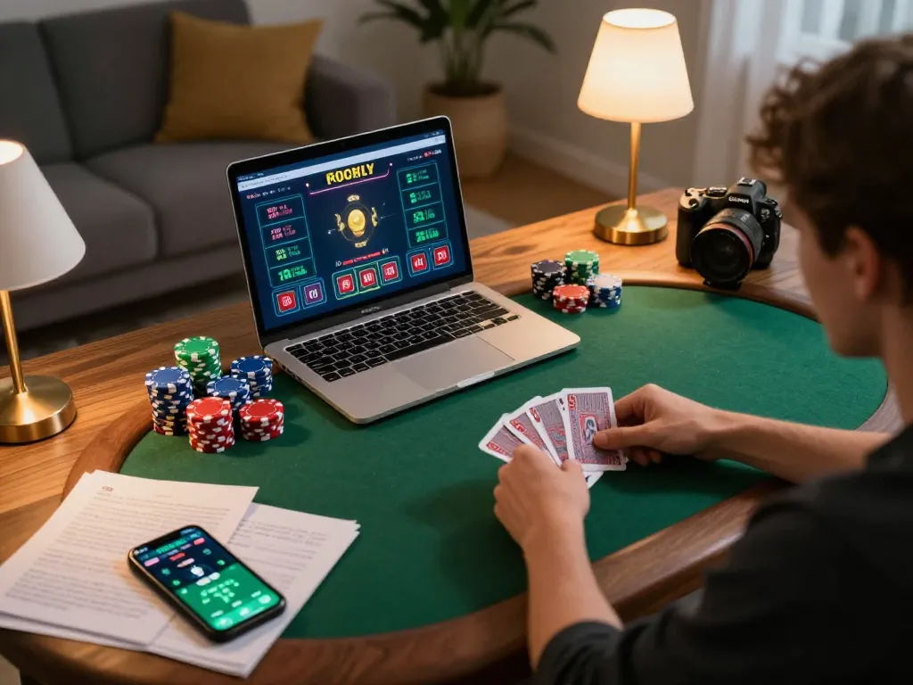 Open88 player strategizing in online poker game, showcasing dynamic gameplay and cozy atmosphere.