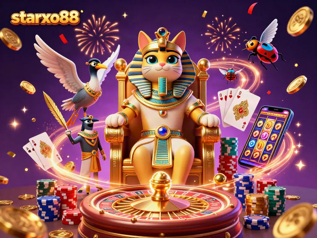 Experience the thrill of starxo88 with an Egyptian pharaoh cat and vibrant casino elements.