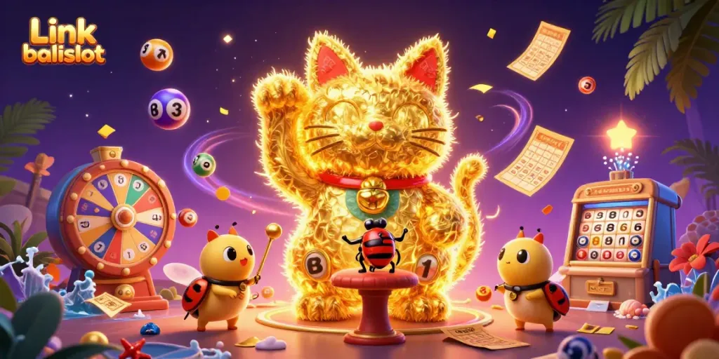 Engage with Link balislot through a vibrant 3D scene depicting casino symbols and lucky motifs.
